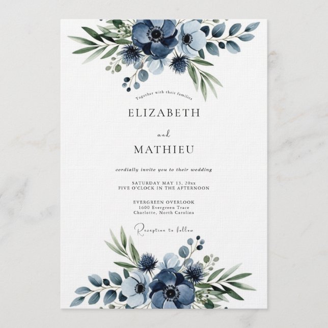 Convite Casamento com Flores Navy Floral Flourish (Frente)