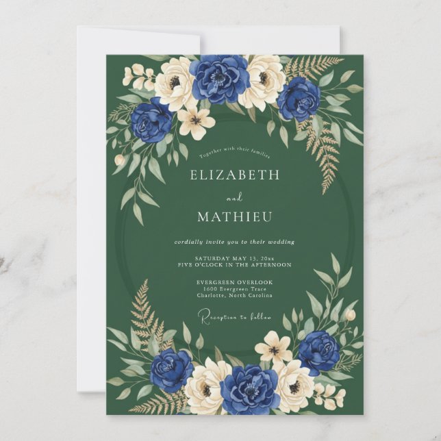 Convite Casamento com Flores Navy Verdant (Frente)