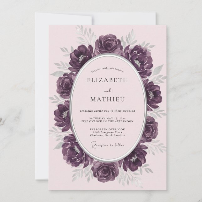 Convite Casamento com Flores Pintadas de Ameixa (Frente)