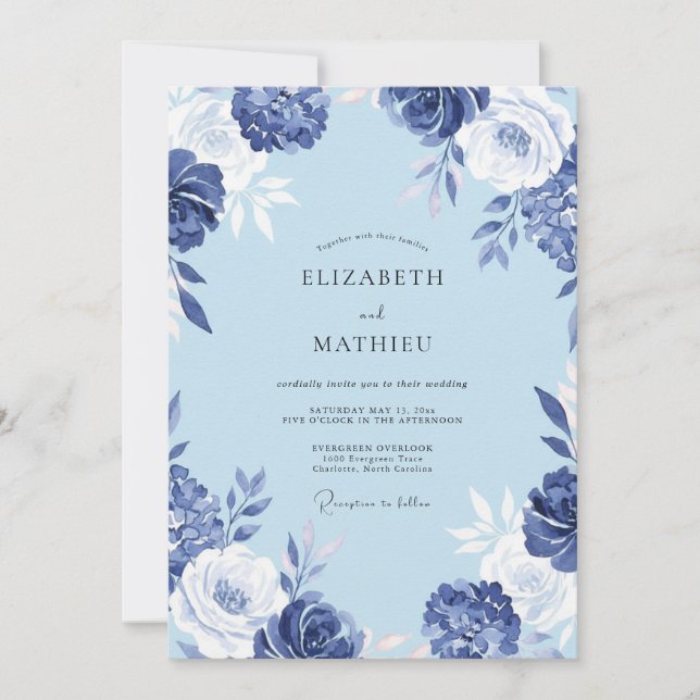 Convite Casamento com Flores Pintadas de Cobalto (Frente)