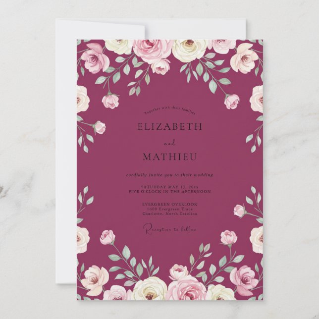 Convite Casamento com Flores Pintadas de Magenta (Frente)