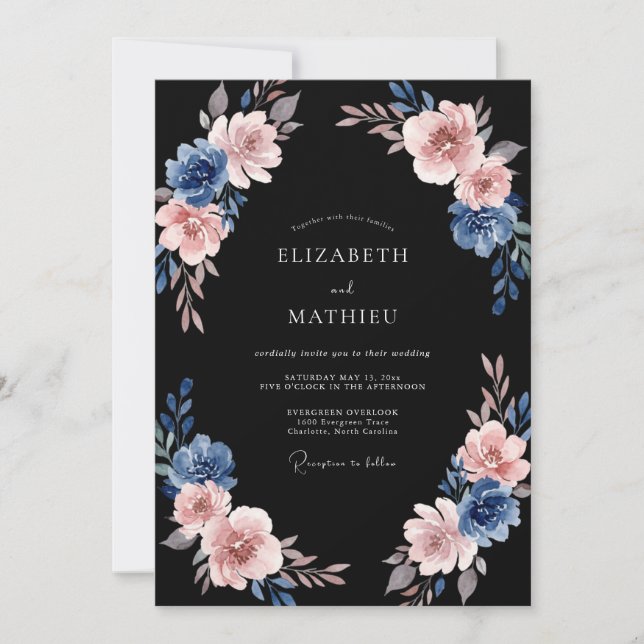 Convite Casamento com Flores Pintadas em Azul Rosa (Frente)