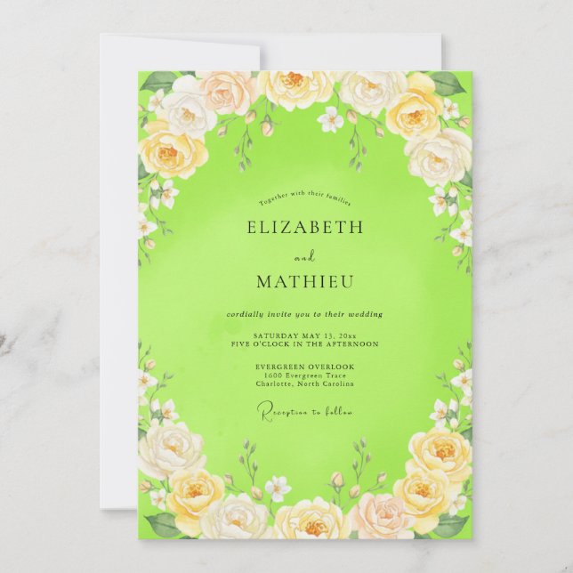 Convite Casamento com Flores Pintadas em Chartreuse (Frente)