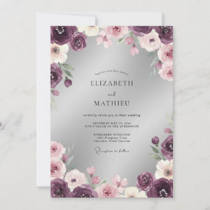 Convite Casamento com Flores Românticas de Ameixa