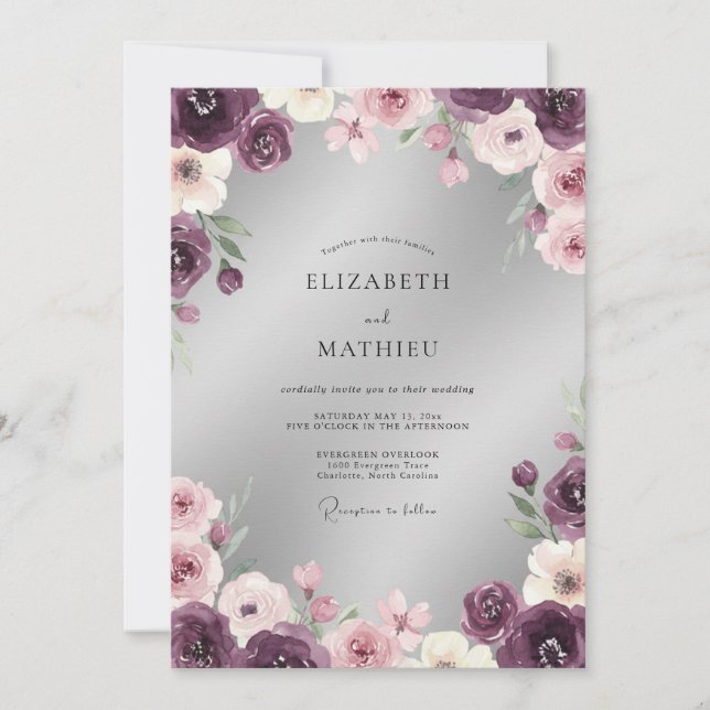 Convite Casamento com Flores Românticas de Ameixa (Frente)