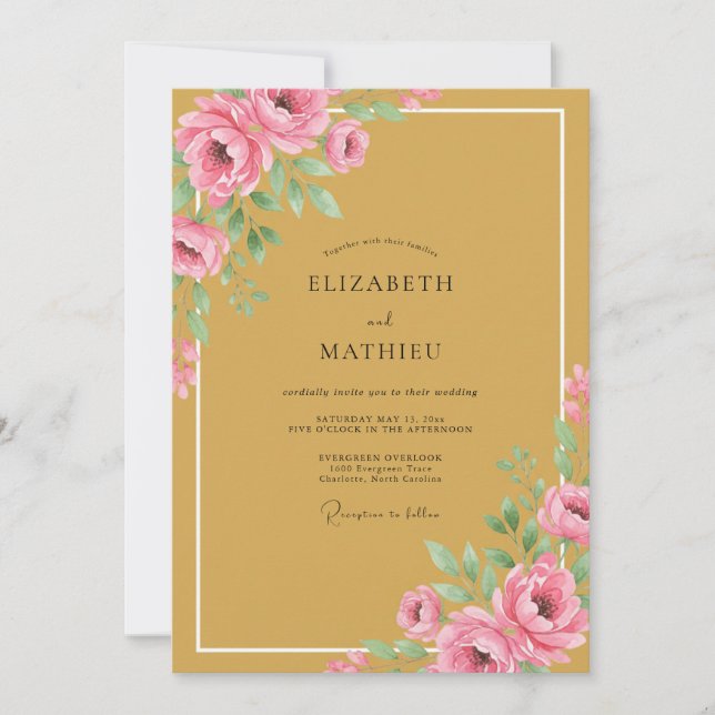 Convite Casamento com Flores Românticas e Ochre (Frente)