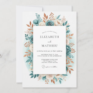 Convite Casamento com Flores Românticas em Verde Azul