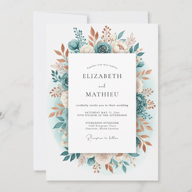 Convite Casamento com Flores Românticas em Verde Azul (Frente)