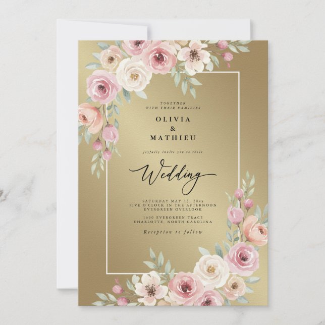 Convite Casamento com Flores Rosa Bege e Floração (Frente)