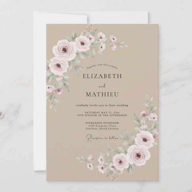 Convite Casamento com Flores Rosadas e Floreios (Frente)