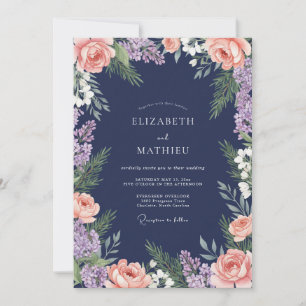 Convite Casamento com Flores Rosadas Navy