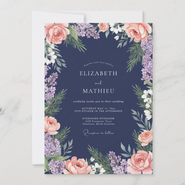 Convite Casamento com Flores Rosadas Navy (Frente)