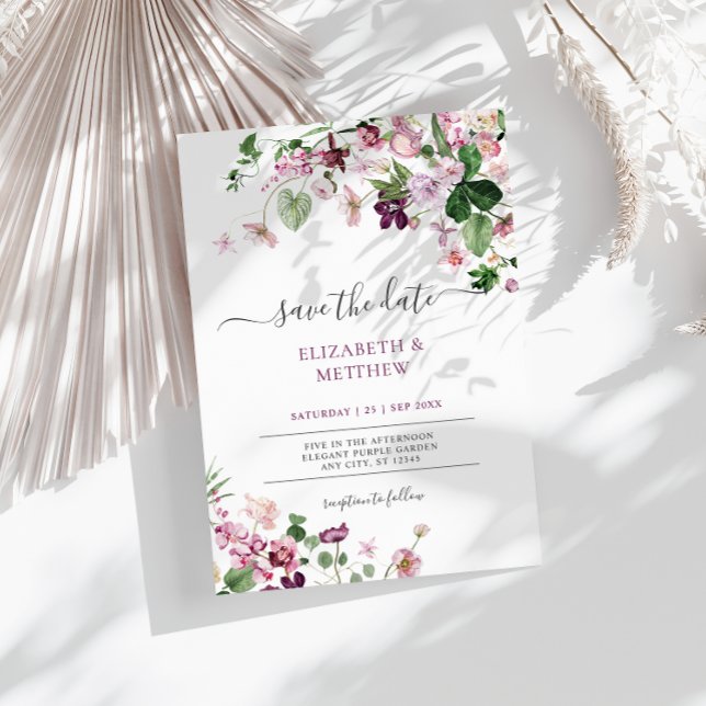 Convite Casamento com flores selvagens roxas Elegantes (Criador carregado)