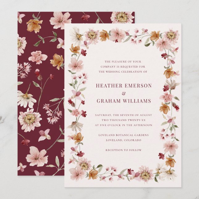 Convite Casamento com Flores Silvestres Borgonha (Frente/Verso)