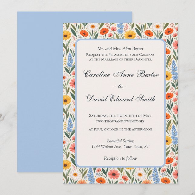 Convite Casamento com Flores Silvestres Coloridas e Vibran (Frente/Verso)