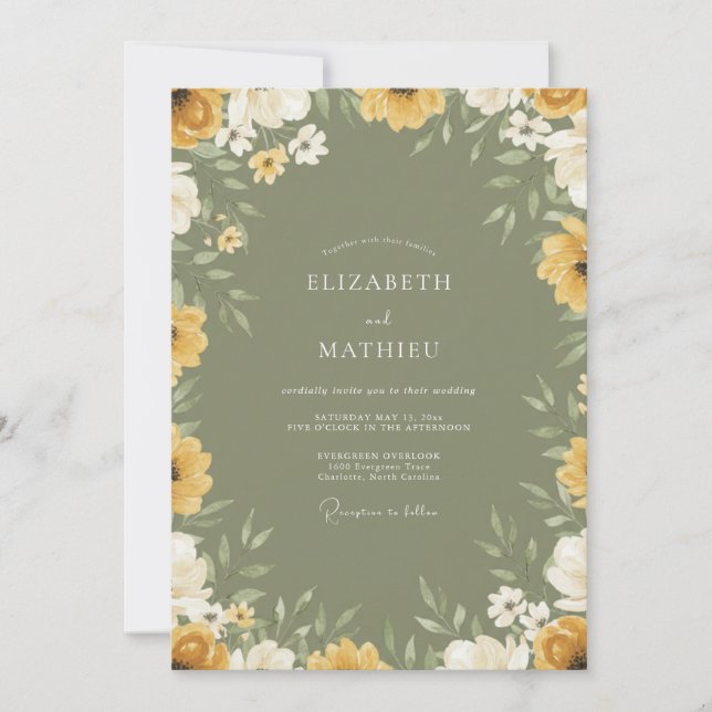 Convite Casamento com Flores Silvestres de Mostarda e Oliv (Frente)