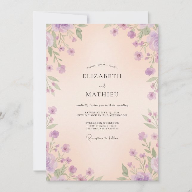 Convite Casamento com Flores Silvestres e Champanhe Lavand (Frente)