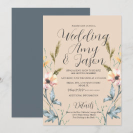 Convite Casamento com Flores Silvestres em Aquarela Creme 