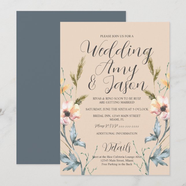Convite Casamento com Flores Silvestres em Aquarela Creme  (Frente/Verso)