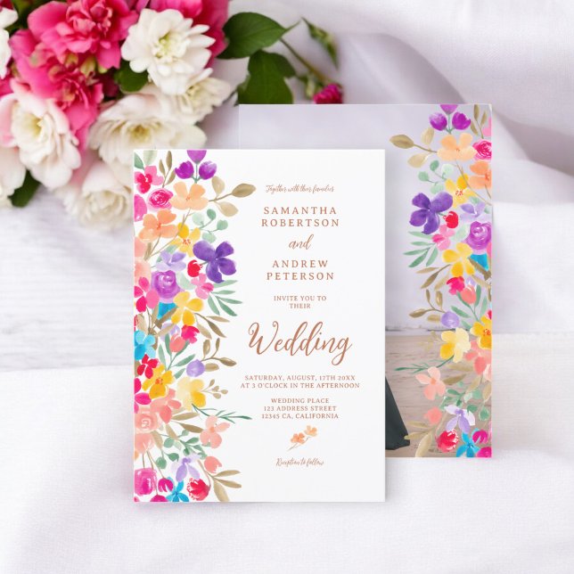 Convite Casamento com flores silvestres pintadas (Painted garden wildflowers photo script wedding invitation)