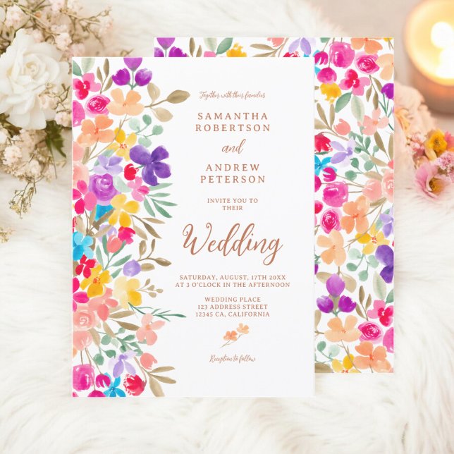 Convite Casamento com flores silvestres pintadas (Painted garden wildflowers photo script wedding invitation)