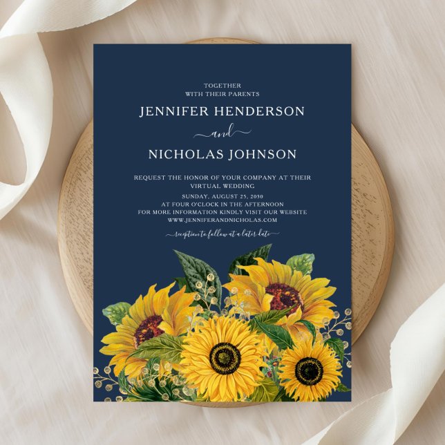 Convite Casamento com flores solares azuis do Marinho Eleg (Elegant Navy Blue Sunflowers Wedding Invitation)