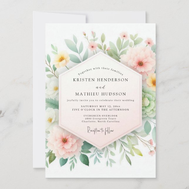 Convite Casamento com Flores Suaves Blush & Sage (Frente)