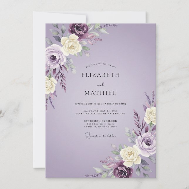 Convite Casamento com Flores Suaves de Lavanda (Frente)