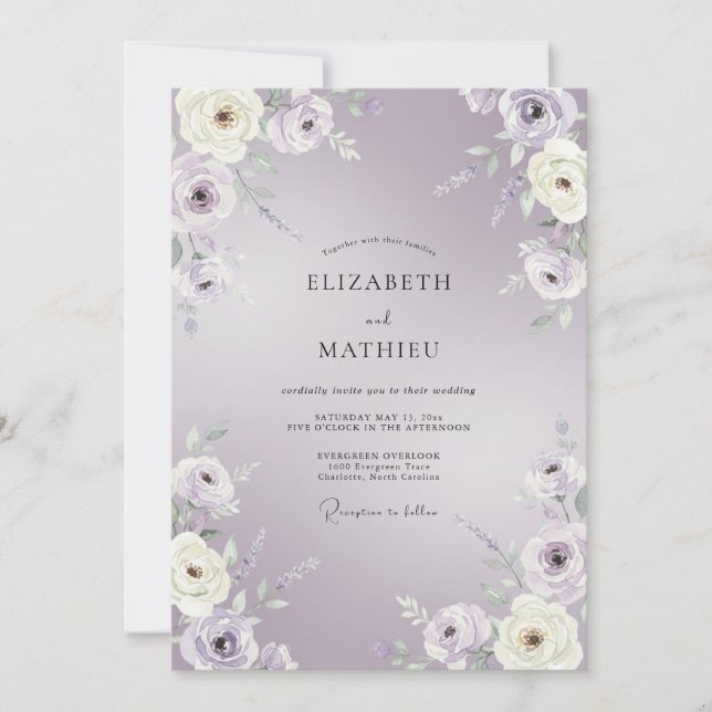 Convite Casamento com Flores Suaves de Lavanda (Frente)