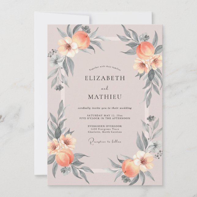 Convite Casamento com Flores Suaves de Pêssego (Frente)