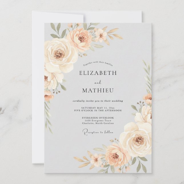 Convite Casamento com Flores Suaves de Pêssego (Frente)