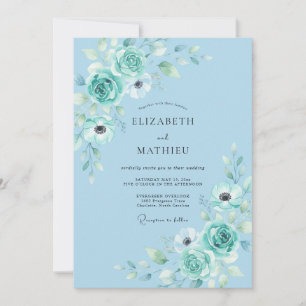 Convite Casamento com Flores Suaves em Azul Turquesa