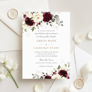 Convite Casamento com Flores Vermelho Borgonha Branco e Ve