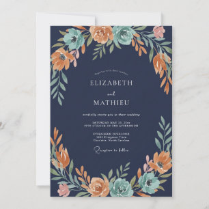 Convite Casamento com Flores Vibrantes Laranja e Azul Turq