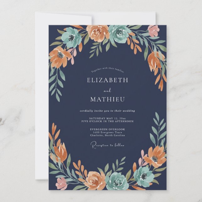 Convite Casamento com Flores Vibrantes Laranja e Azul Turq (Frente)