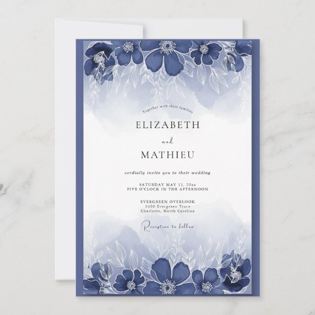 Convite Casamento com Florescer Pintado de Índigo (Frente)