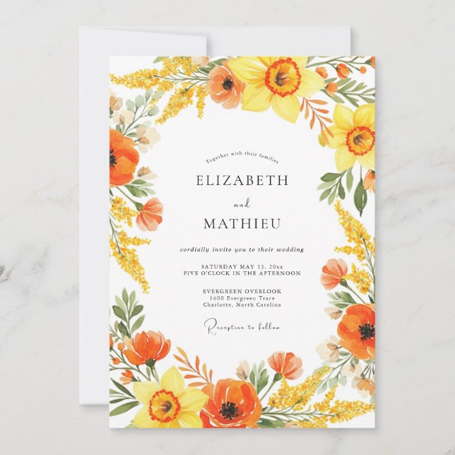 Convite Casamento com Florescer Pintado de Laranja Amarelo (Frente)