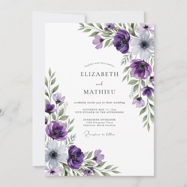Convite Casamento com Florescer Pintado de Roxo (Frente)