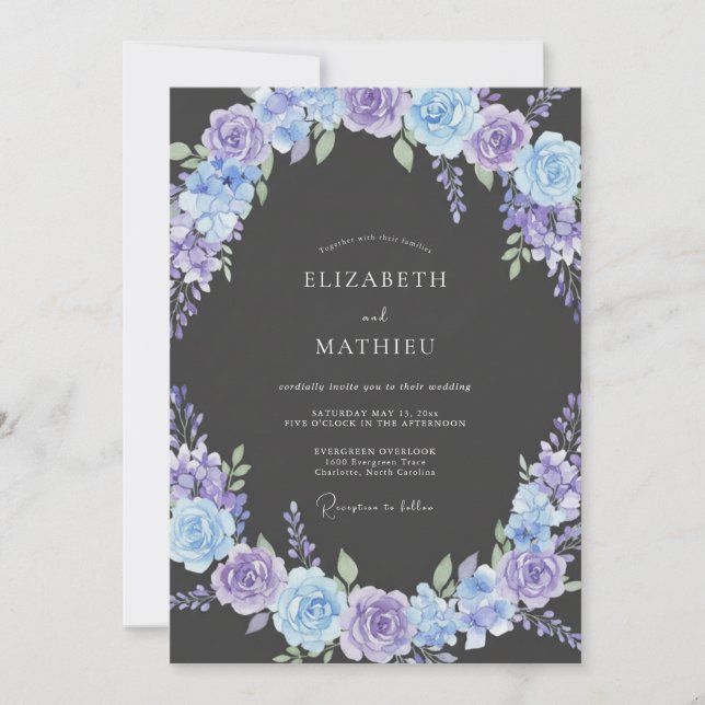 Convite Casamento com Florescer Pintado de Violeta Azul (Frente)