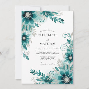 Convite Casamento com Florescimento Abstrato em Verde-azul