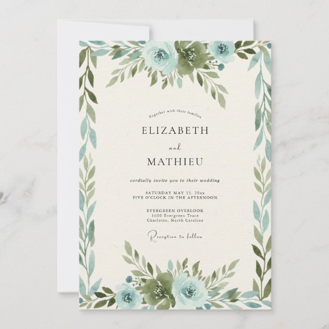Convite Casamento com Florescimento Azul Empoeirado (Frente)