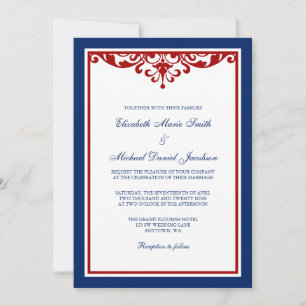 Convite Casamento com Florescimento Azul Marinho e Vermelh