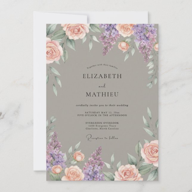 Convite Casamento com Florescimento Botânico de Lilás Rosa (Frente)