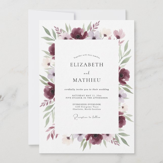 Convite Casamento com Florescimento de Pétala Borgonha (Frente)