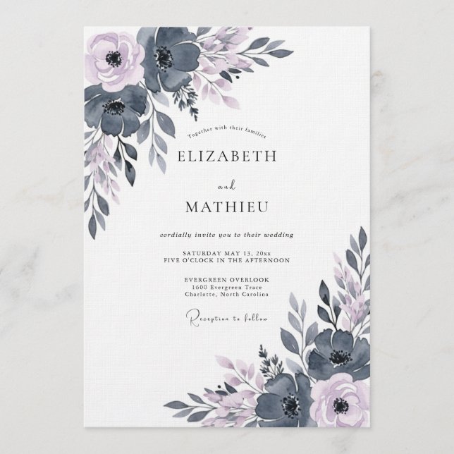Convite Casamento com Florescimento Etéreo Azul Ardesia (Frente)