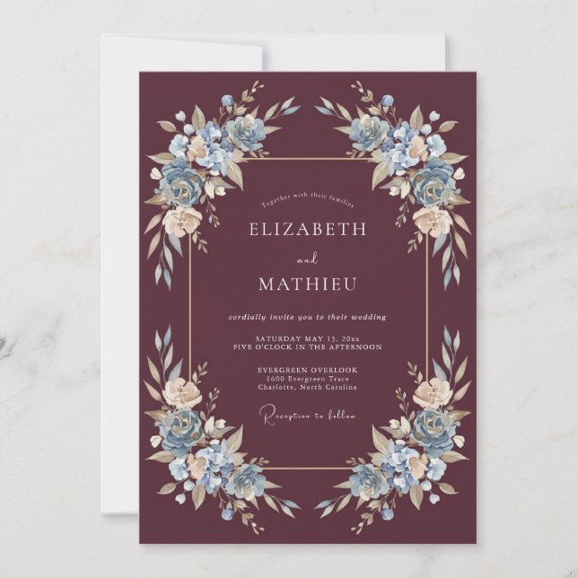 Convite Casamento com Florescimento Etéreo Azul Borgonha (Frente)