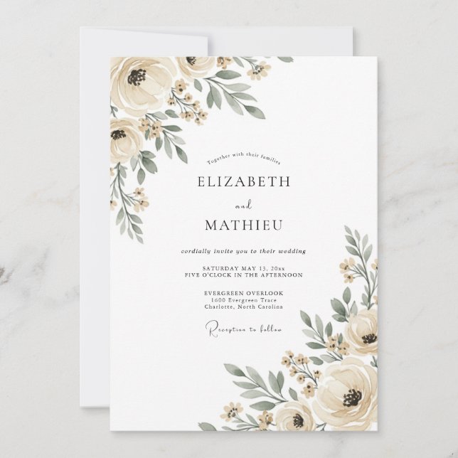 Convite Casamento com Florescimento Etéreo de Creme (Frente)