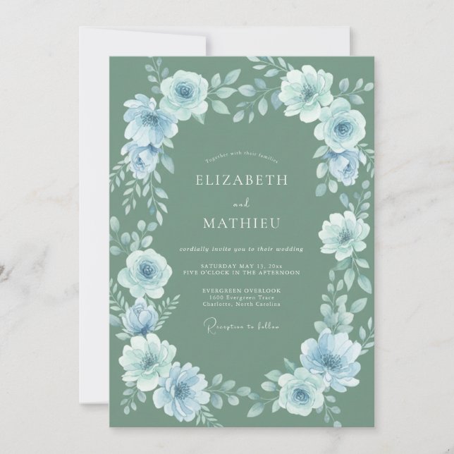 Convite Casamento com Florescimento Etéreo em Azul Desbota (Frente)