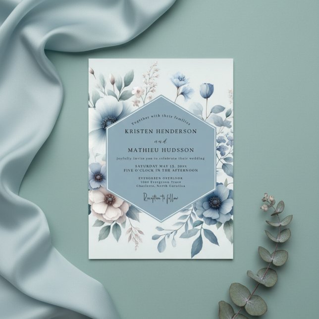 Convite Casamento com Florescimento Etéreo em Azul Poeiren (Criador carregado)