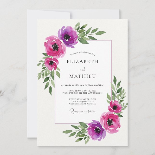 Convite Casamento com Florescimento Etéreo Magenta (Frente)
